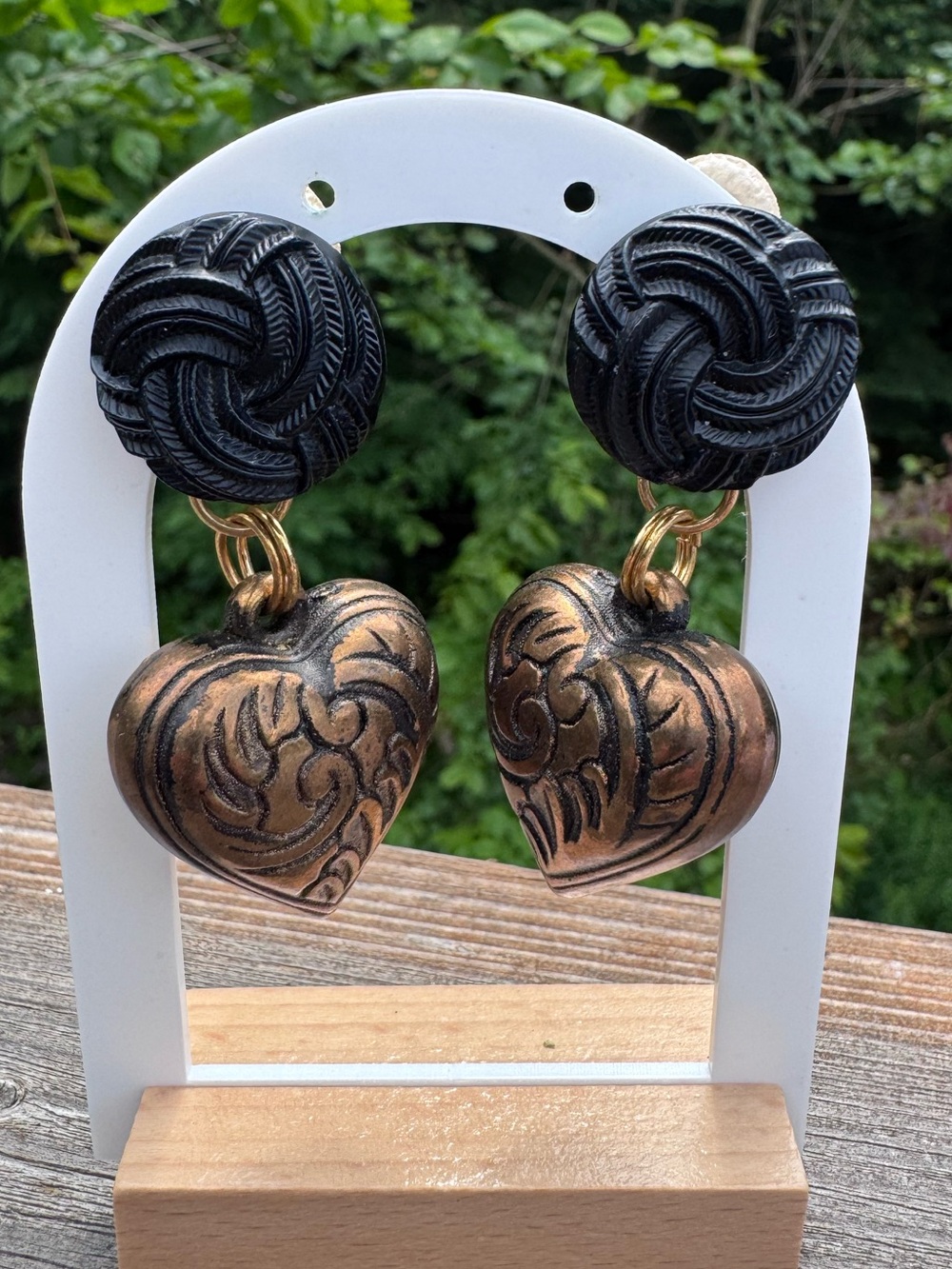 Vintage 80’s Black and Copper Puffy Heart Drop Earrings